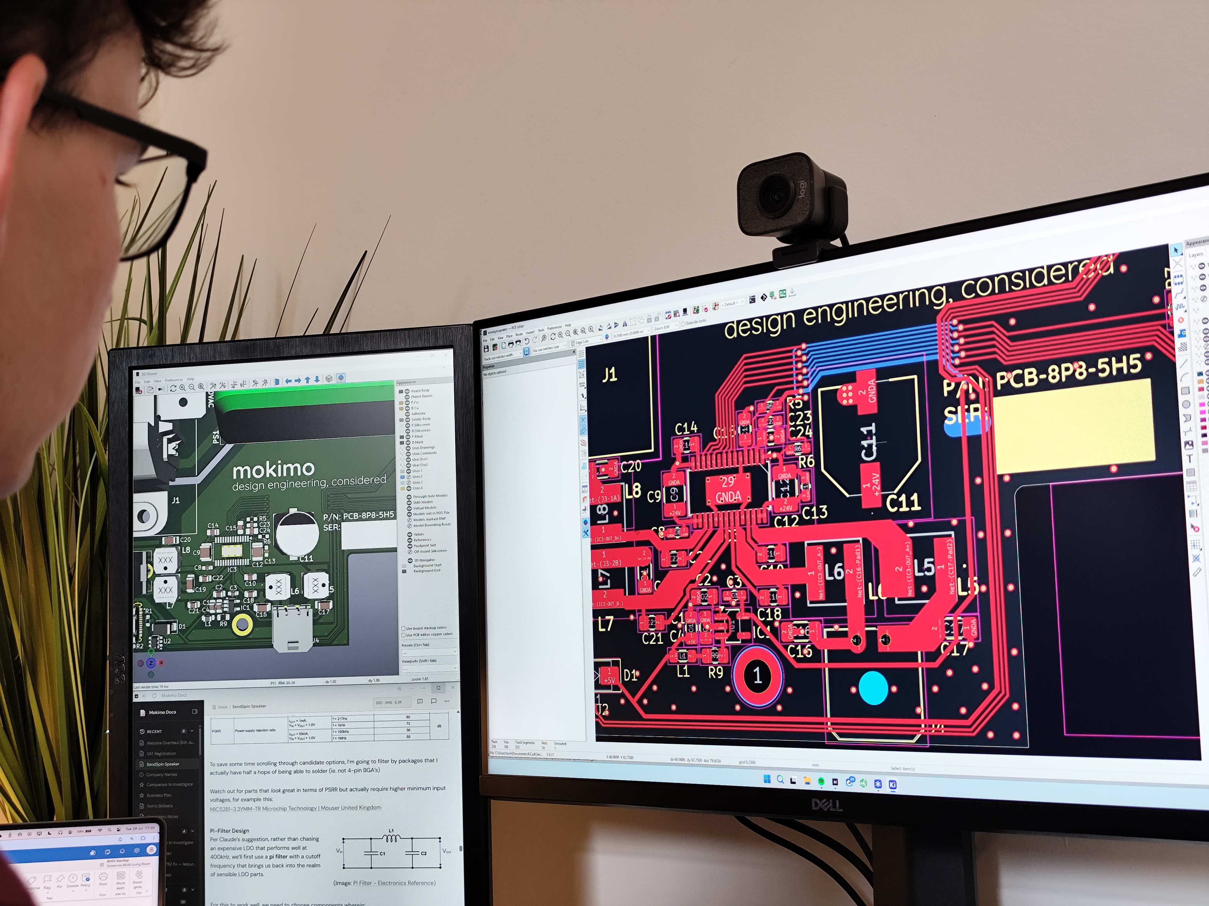 PCB layout and 3D board render for the SendSpin speaker on a monitor