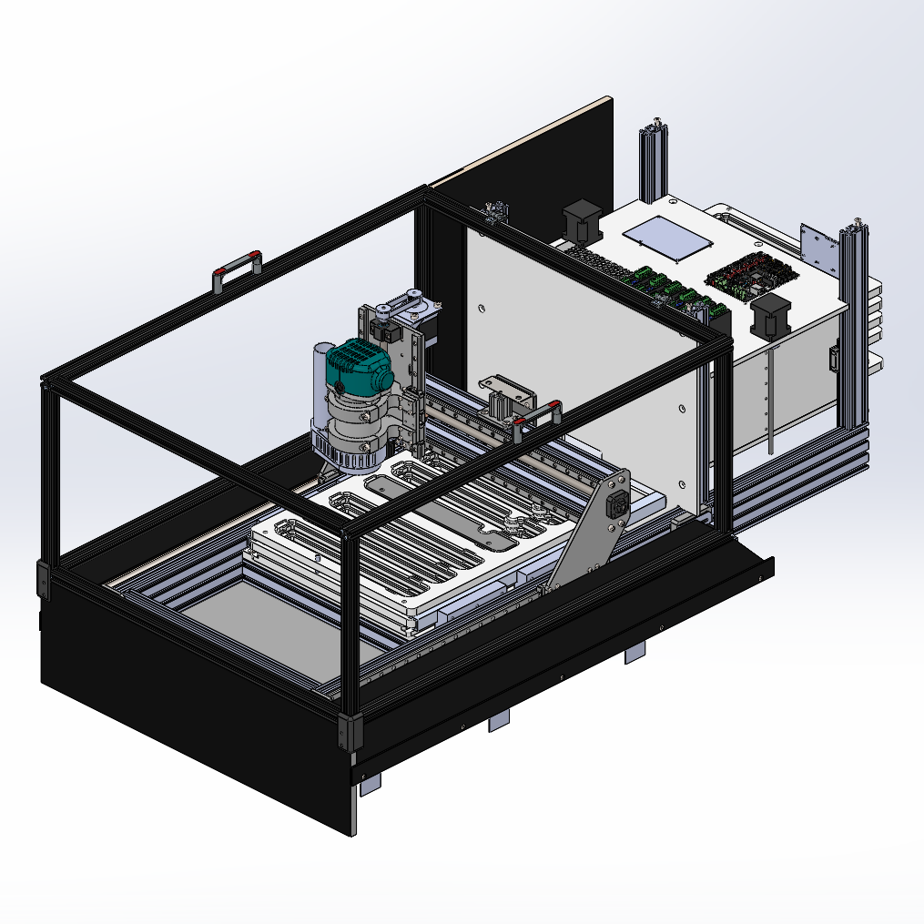 CAD render of the full Bikestow automation cell, showing enclosure, gantry, and control panel