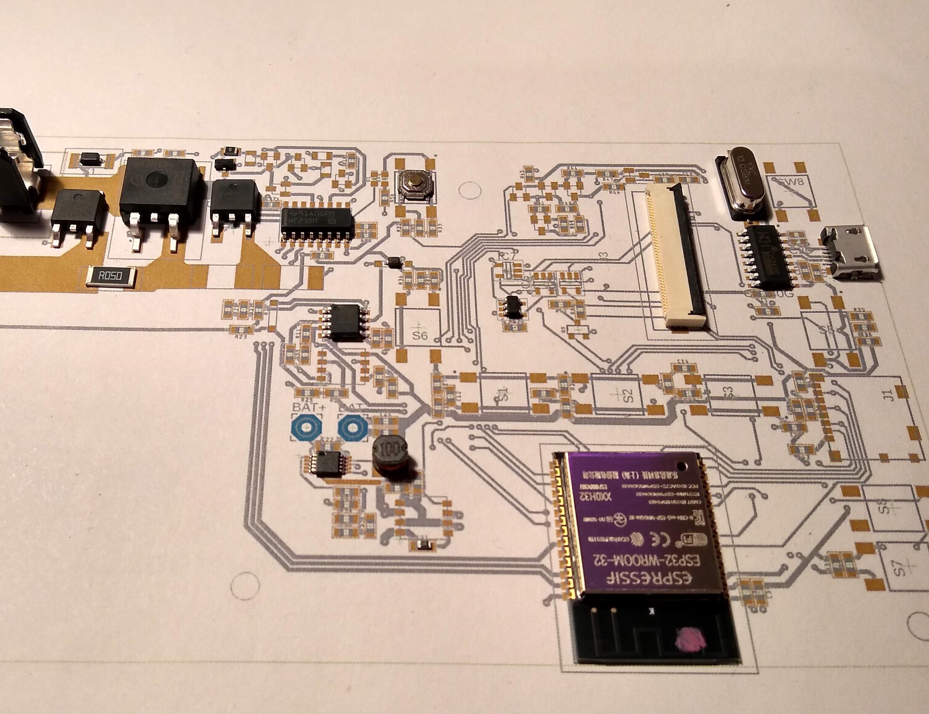 Populated ESP32-WROOM-32 datalogger PCB