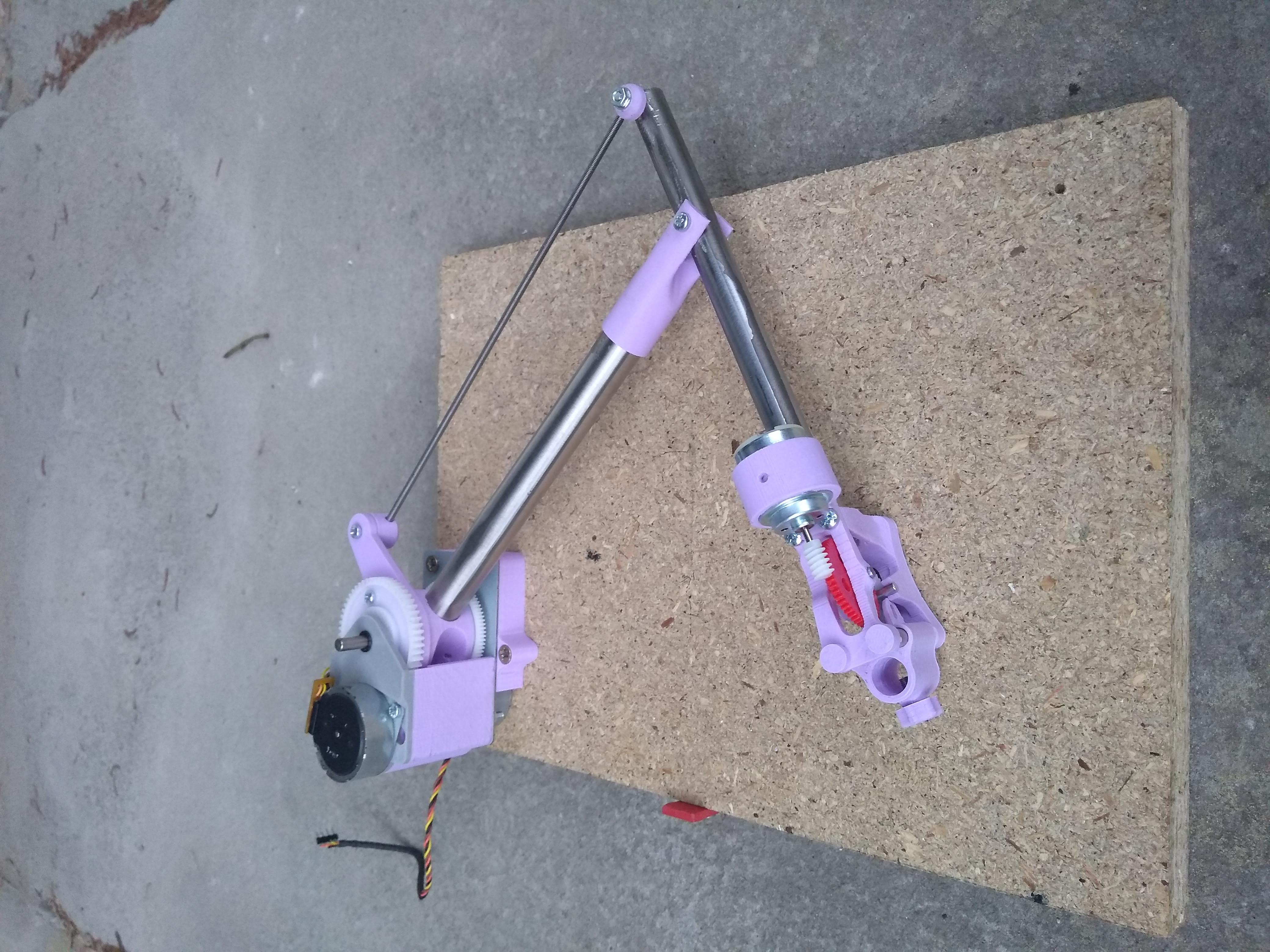 DIY SCARA-style robot arm of lavender 3D-printed parts, steel rods and a stepper motor, mounted on an OSB panel